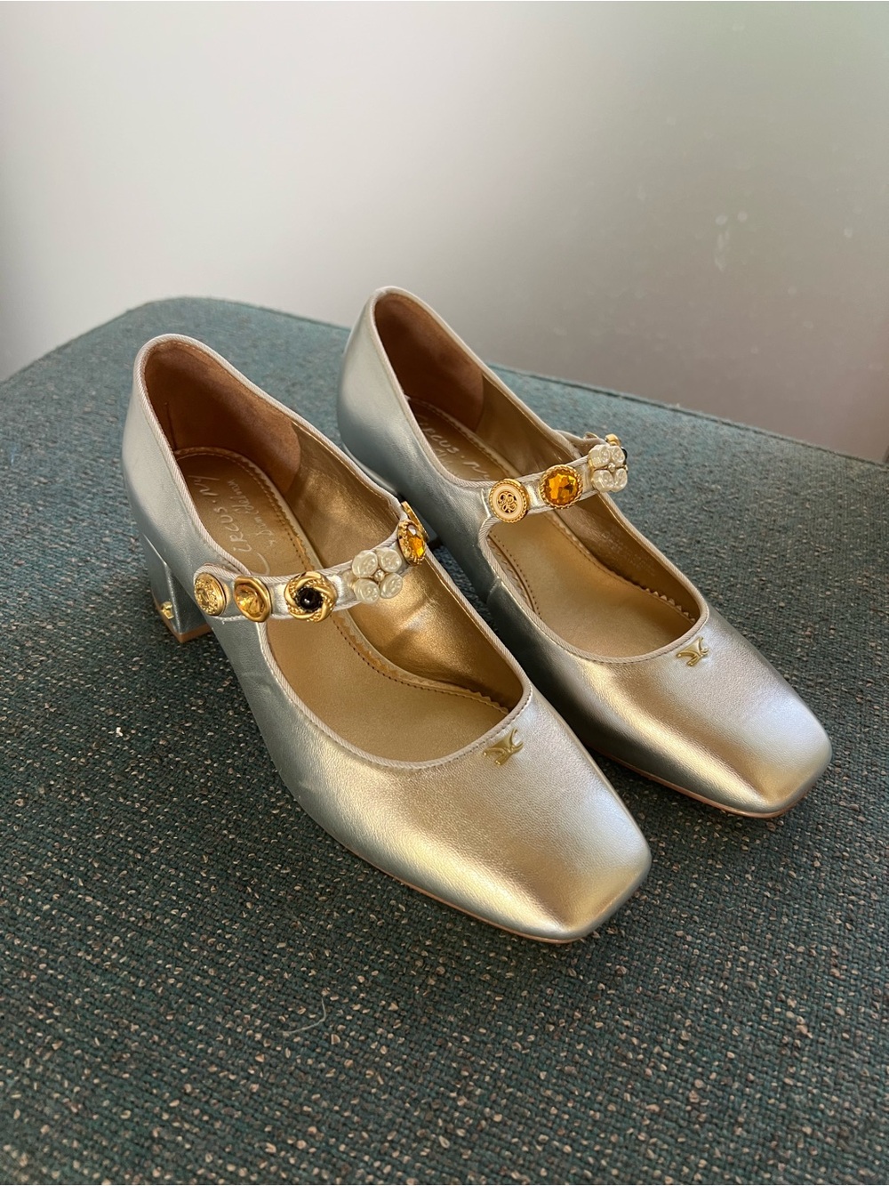 Sam Edelman Silver Mary Jane Heels with Gold & Crystal Accents